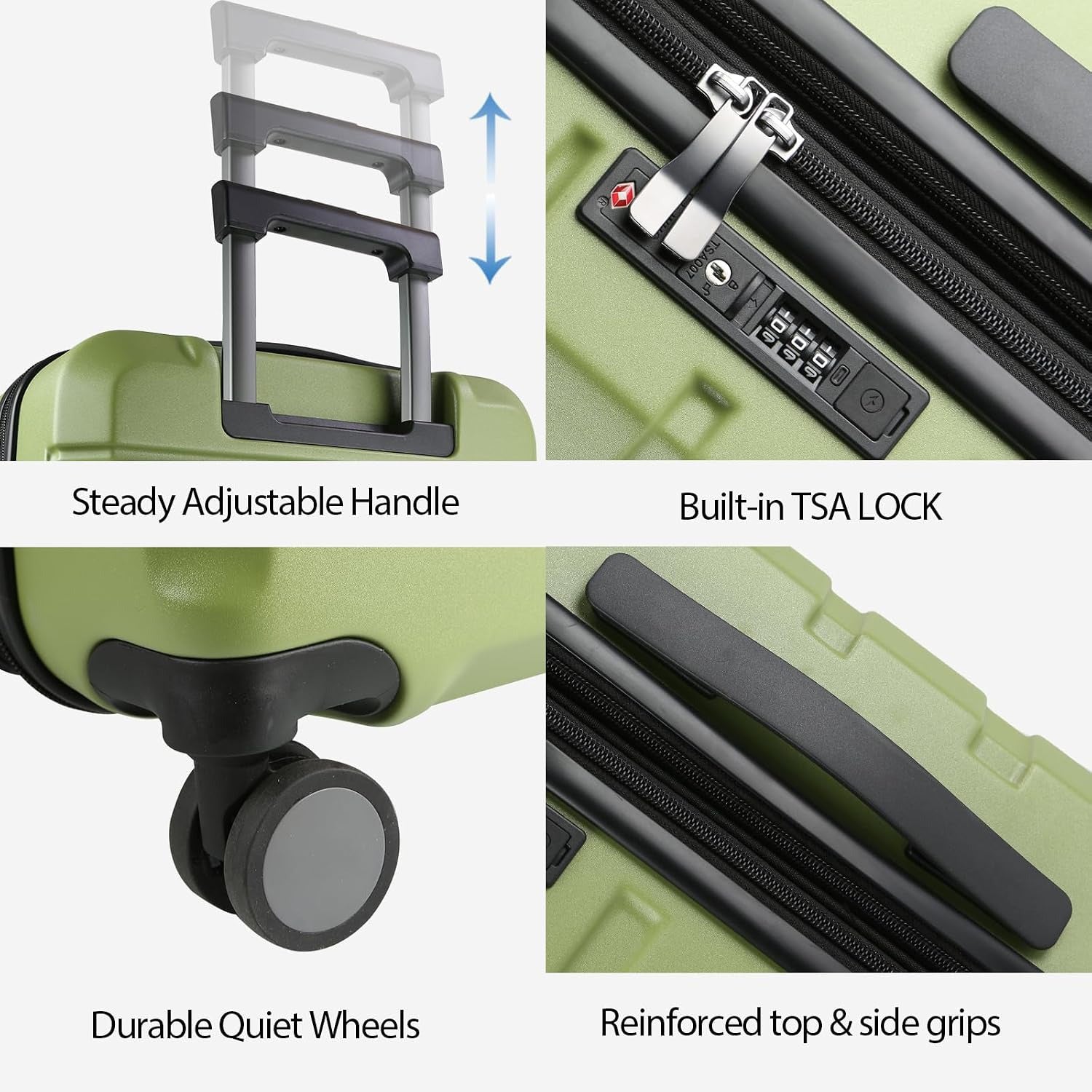 Green carry-on luggage detail: adjustable handle, built-in TSA lock, quiet wheels