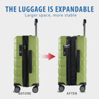 Expandable green carry-on luggage with zip front expansion panel and four spinner wheels