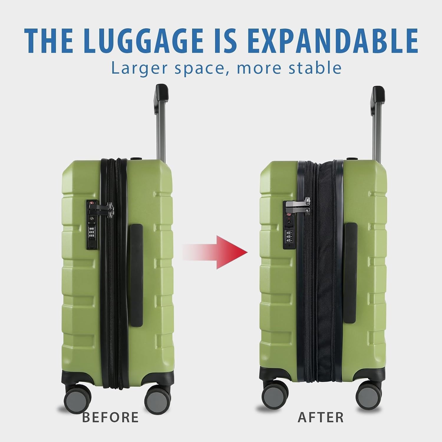 Expandable green carry-on luggage with zip front expansion panel and four spinner wheels