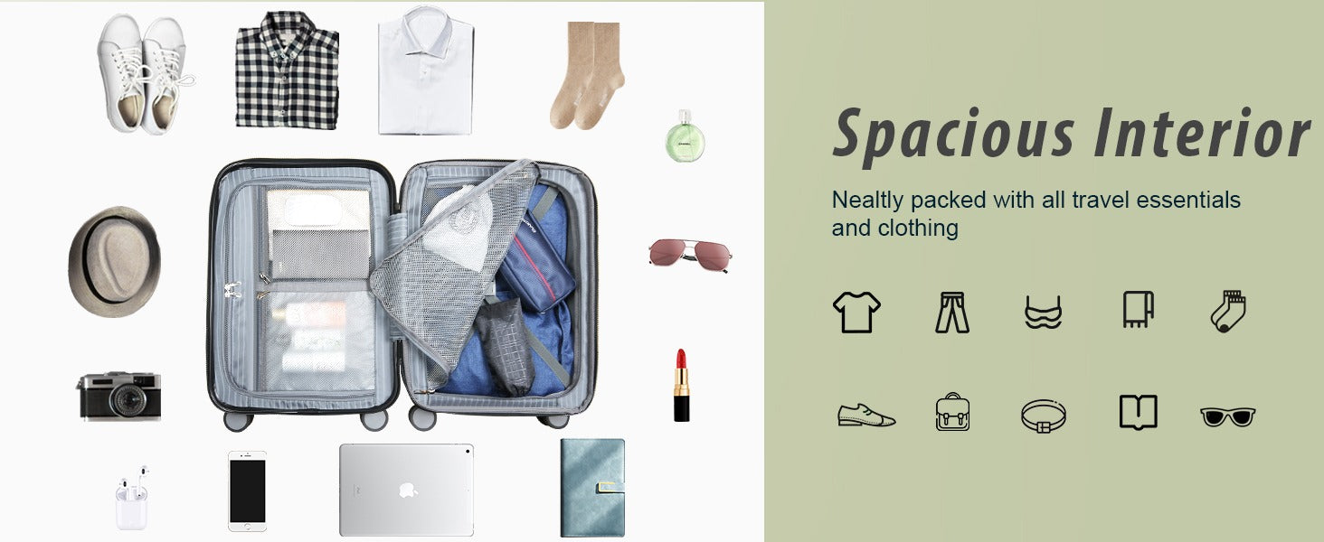Green carry-on luggage spacious interior layout with organizer pockets and compartments