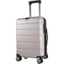 Light purple hard-shell carry-on luggage on four spinner wheels