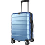 Light blue expandable carry-on luggage with telescoping handle and four spinner wheels