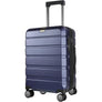 Navy carry-on luggage with telescoping handle, side TSA lock panel, and four wheels
