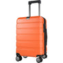 Orange hardside carry-on luggage with extendable handle and four spinner wheels.