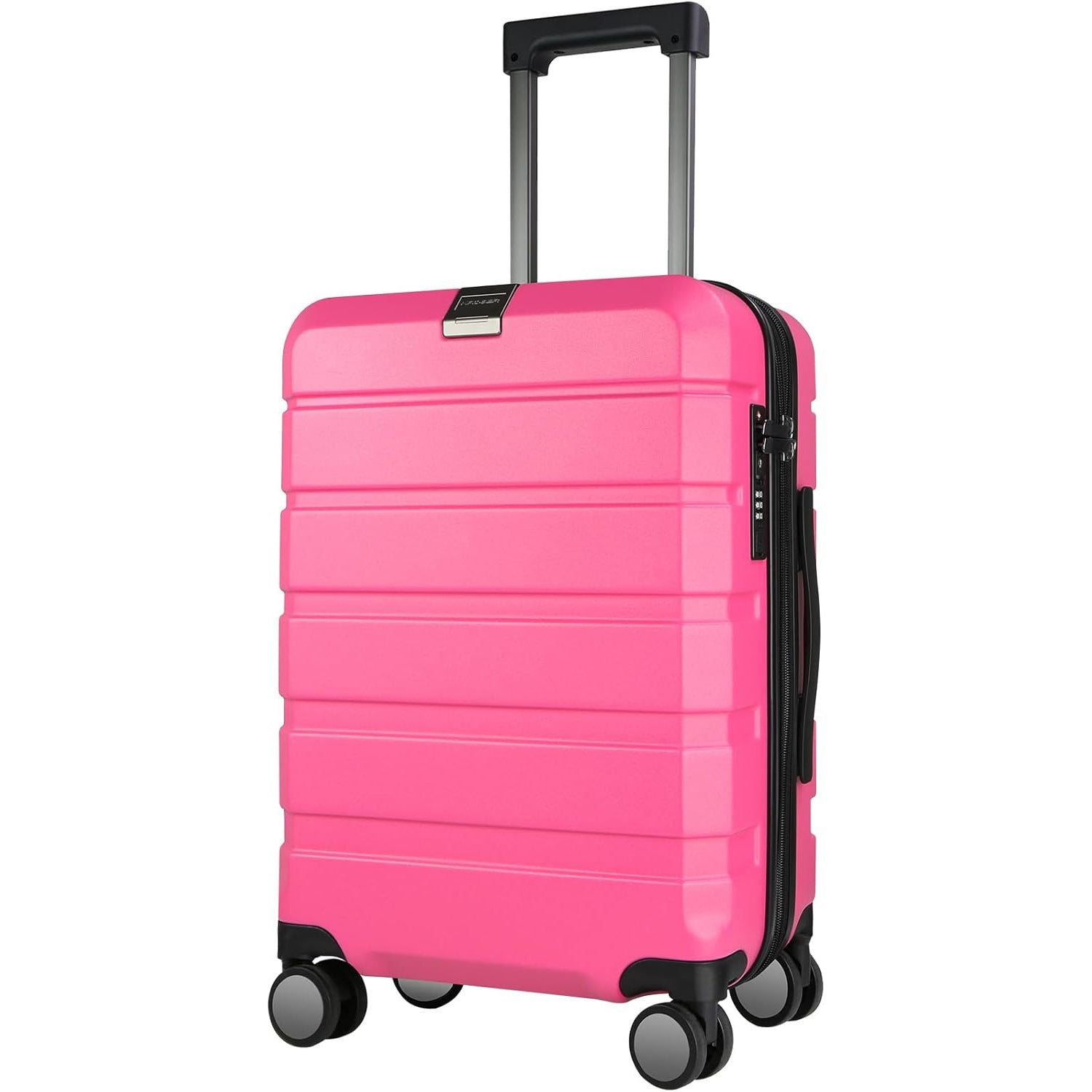 Pink hardside carry-on suitcase with telescoping handle and four spinner wheels