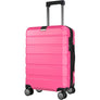 Pink hardside carry-on suitcase with telescoping handle and four spinner wheels, side view