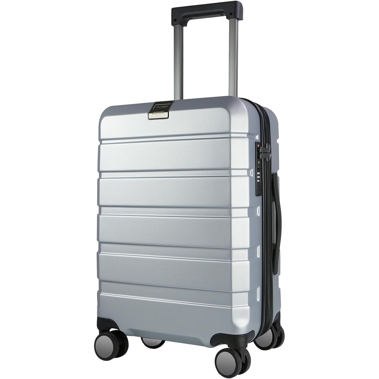 Silver grey hard-shell carry-on suitcase with TSA lock, telescoping handle and 4 wheels