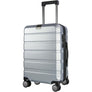 Silver grey carry-on suitcase with telescoping handle, side latch, and corner wheels