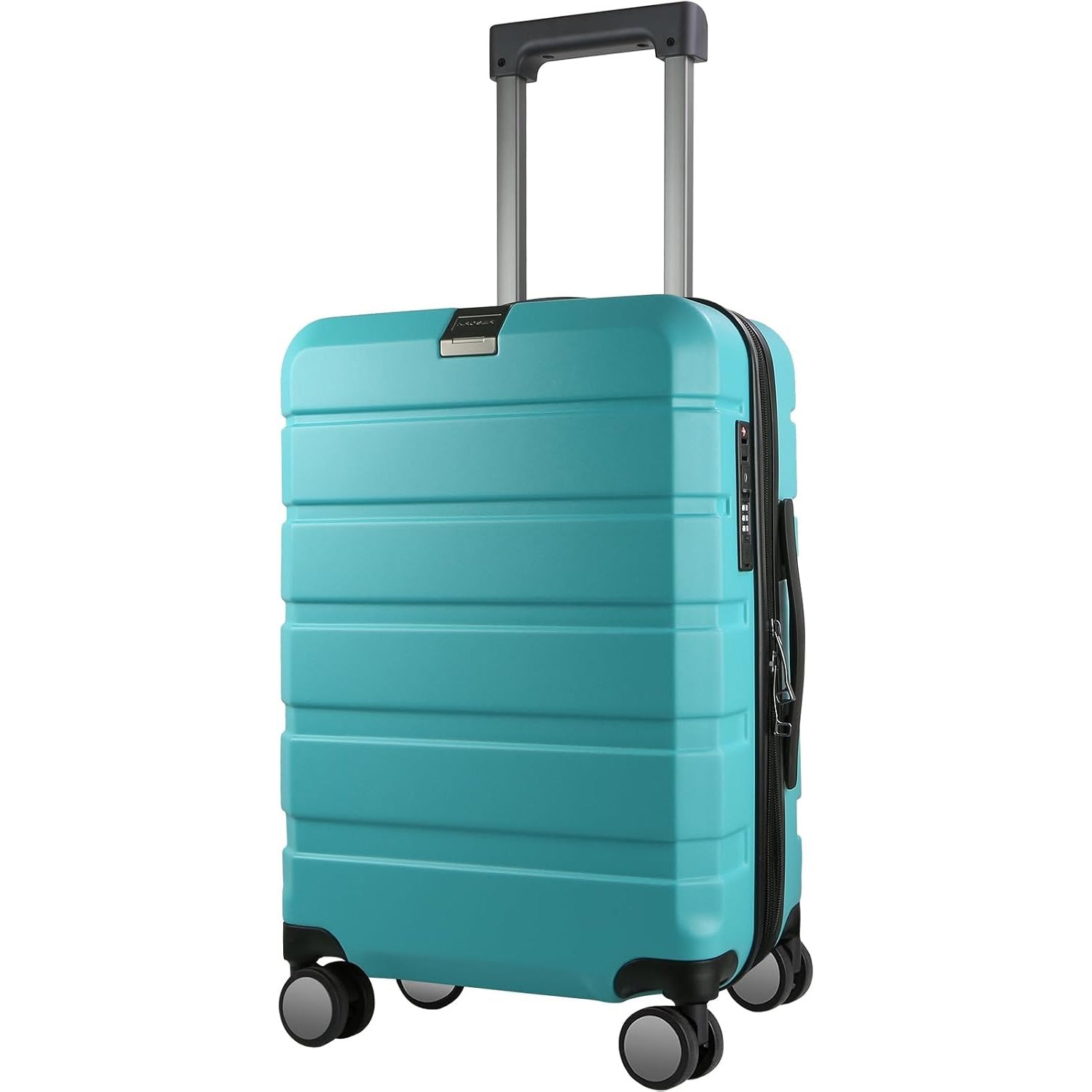 Lake blue hardside carry-on luggage with telescoping handle and four spinner wheels