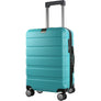Turquoise hardside carry-on suitcase with top handle and four spinner wheels, side accessory pocket