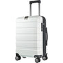 White hardside carry-on luggage with side handle and four spinner wheels