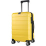 Yellow carry-on luggage with telescoping handle, side zipper, and four spinner wheels