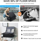 Black top-loading carry-on luggage on a table with mesh lid open and organizer pockets