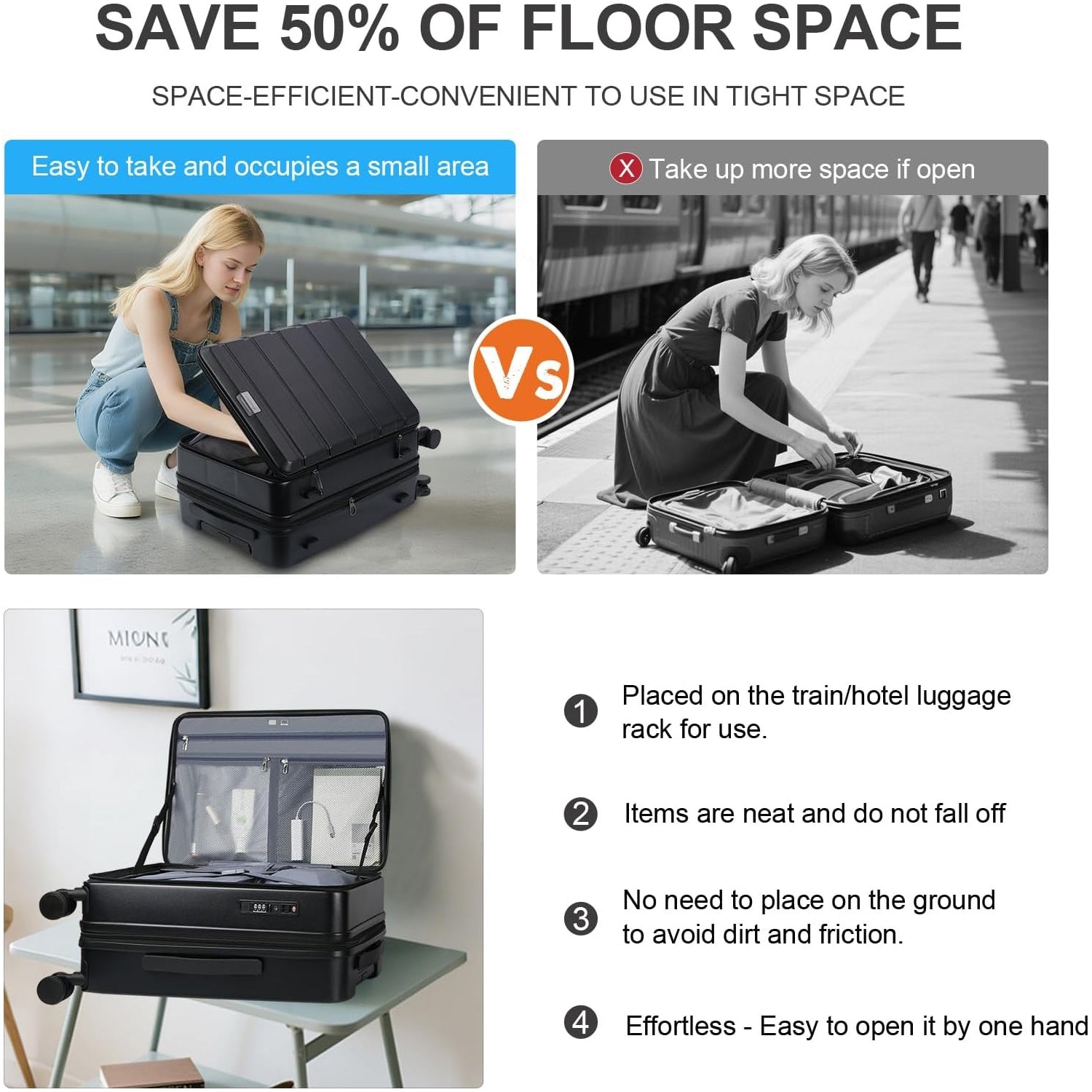 Black top-loading carry-on luggage on a table with mesh lid open and organizer pockets