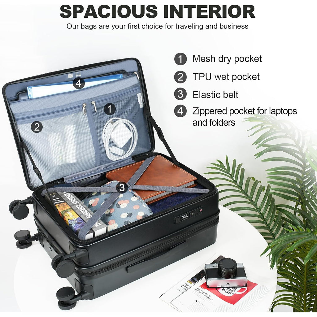 Black top-loading carry-on with spacious interior: mesh pocket, elastic belt, and zipper pocket
