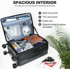 Black top-loading carry-on with spacious interior: mesh pocket, elastic belt, and zipper pocket