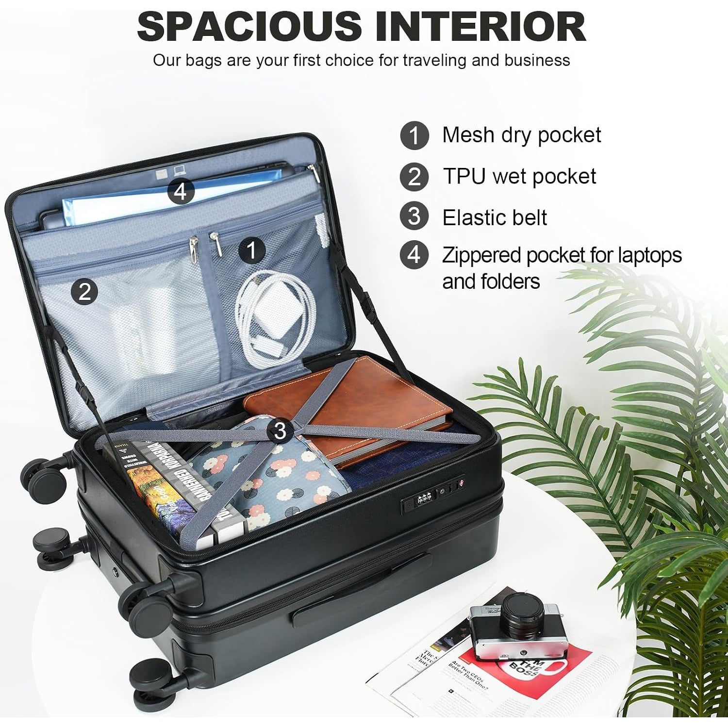 Black top-loading carry-on with spacious interior: mesh pocket, elastic belt, and zipper pocket