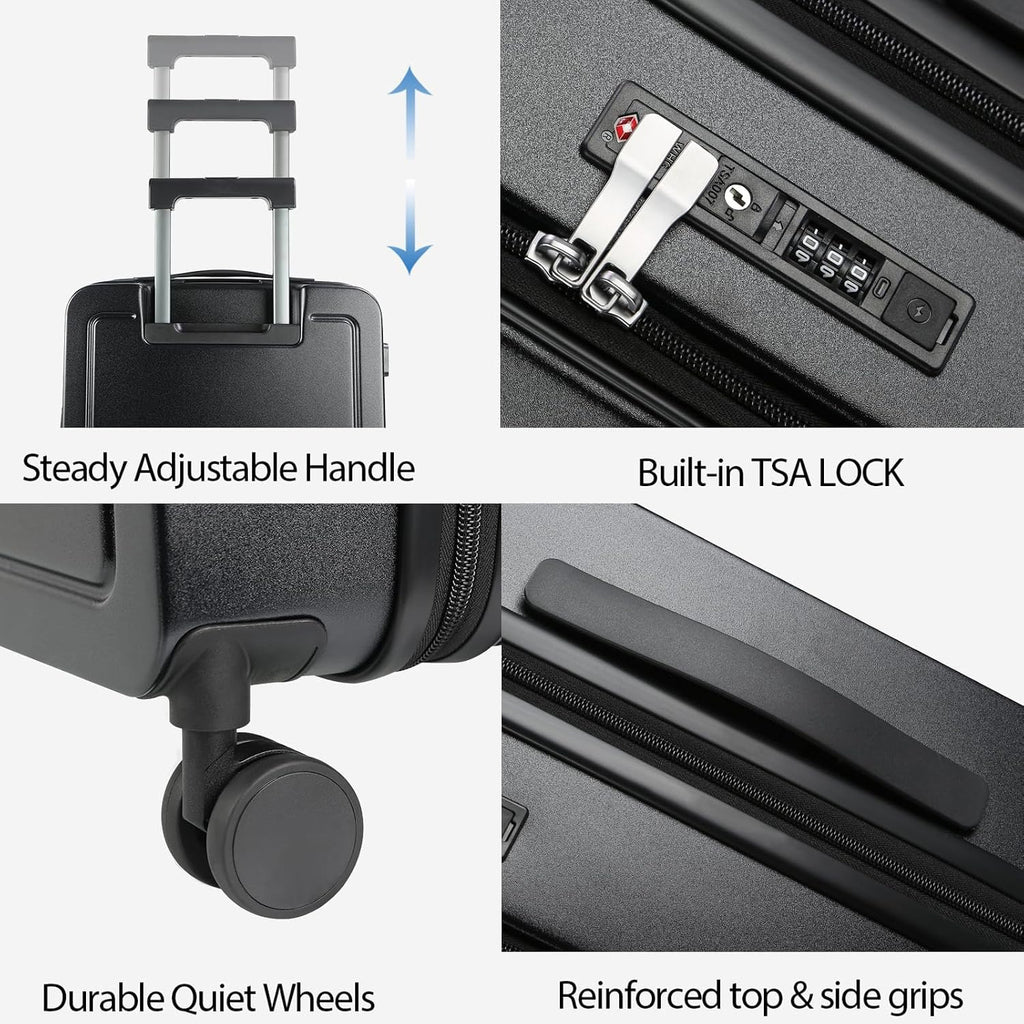 Black carry-on luggage with adjustable handle, built-in TSA lock, quiet wheels, and grips