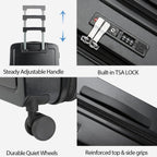 Black carry-on luggage with adjustable handle, built-in TSA lock, quiet wheels, and grips