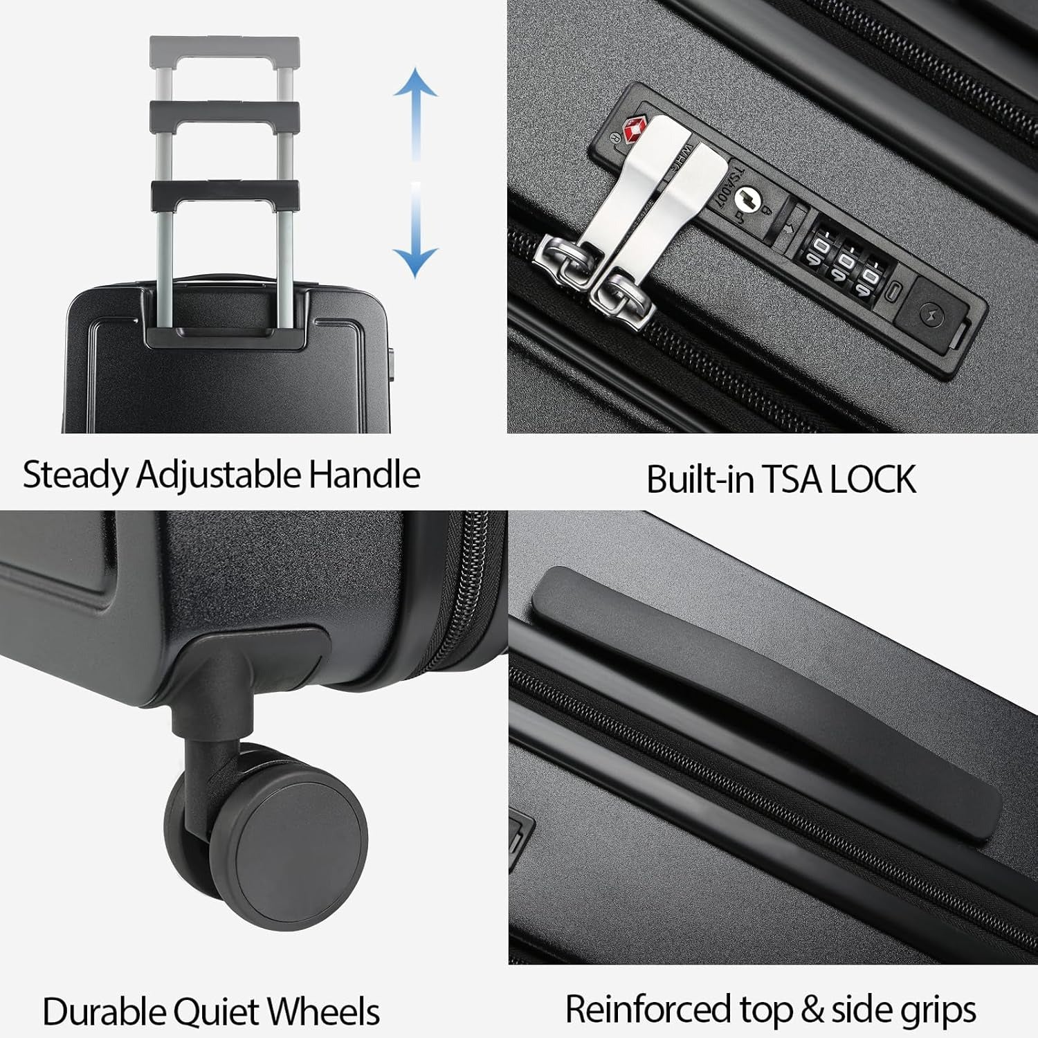 Black carry-on luggage with adjustable handle, built-in TSA lock, quiet wheels, and grips