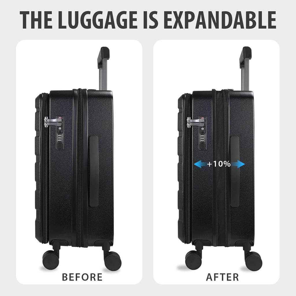 Black expandable carry-on luggage with spinner wheels, shown before and expanded