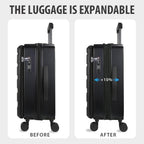 Black expandable carry-on luggage with spinner wheels, shown before and expanded