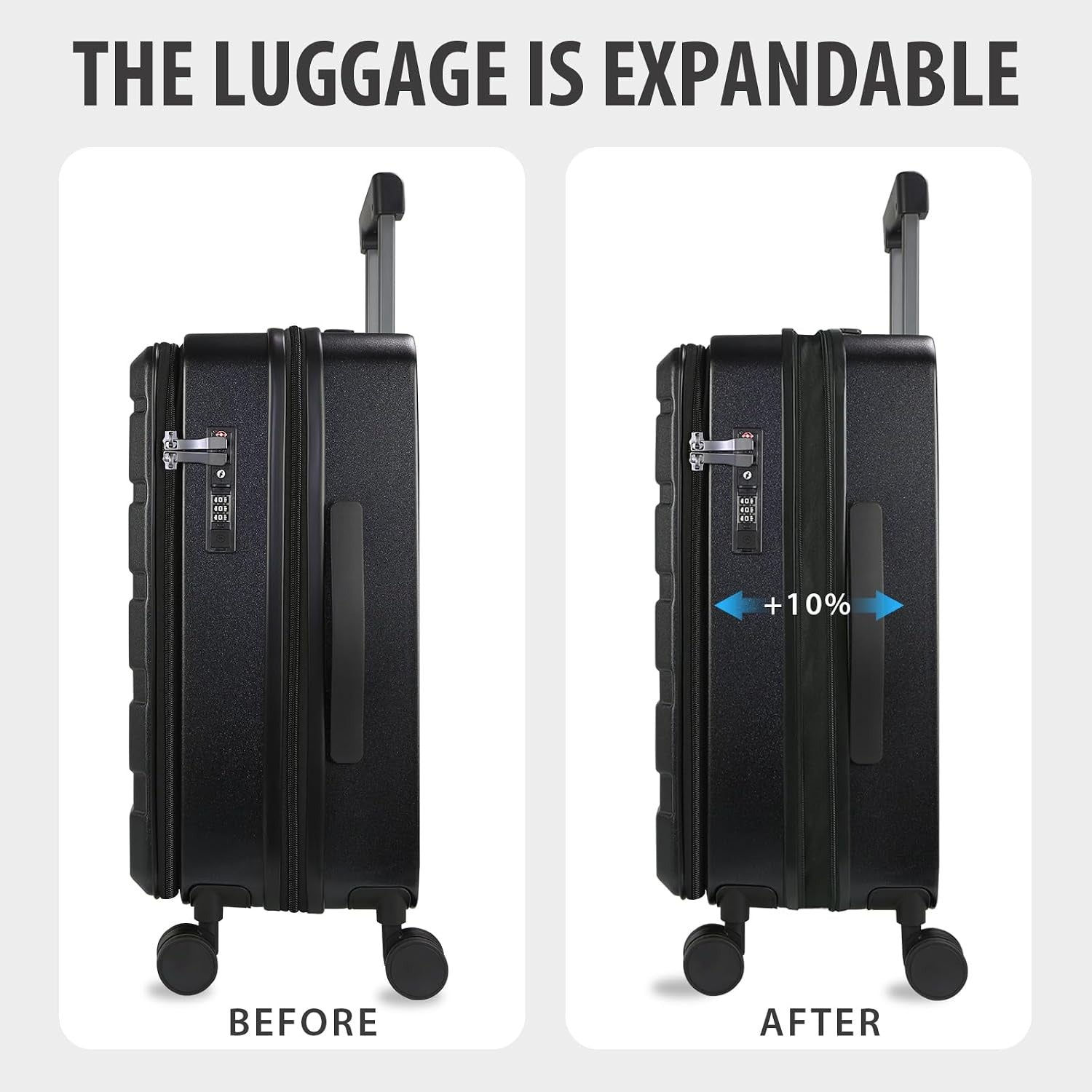 Black expandable carry-on luggage with spinner wheels, shown before and expanded