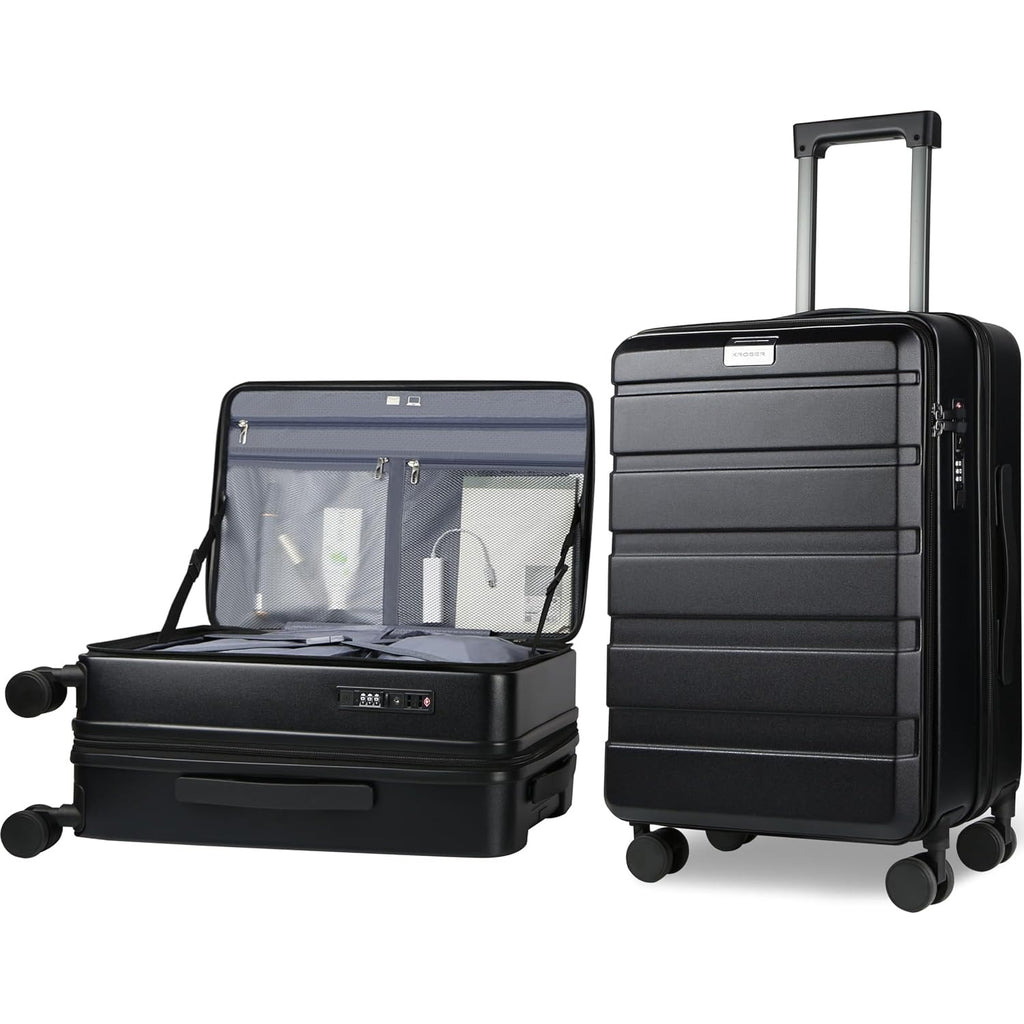 Black top-loading carry-on luggage with open lid and front control panel, on spinner wheels