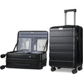 Black top-loading carry-on luggage with open lid and front control panel, on spinner wheels