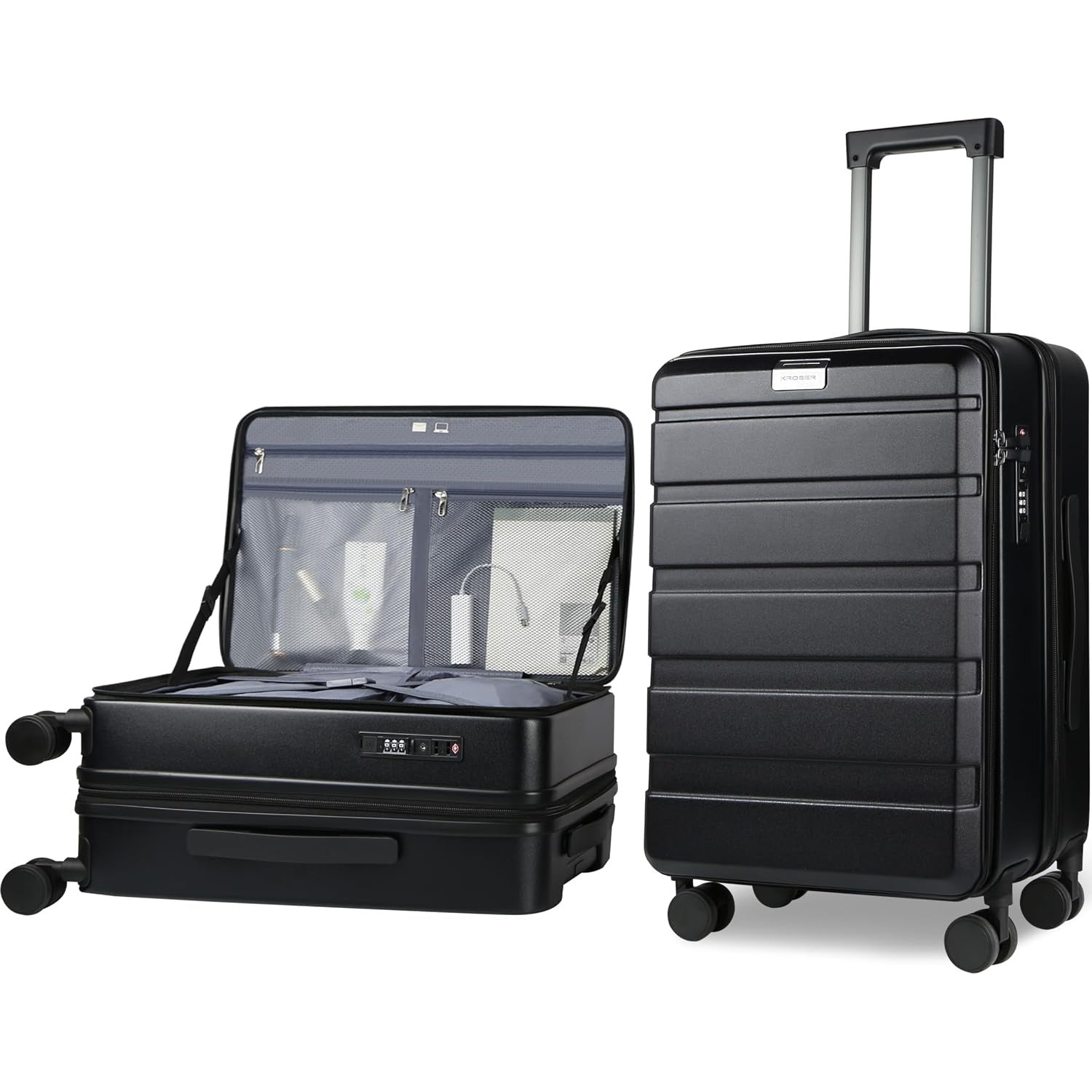 Black top-loading carry-on luggage with open lid and front control panel, on spinner wheels