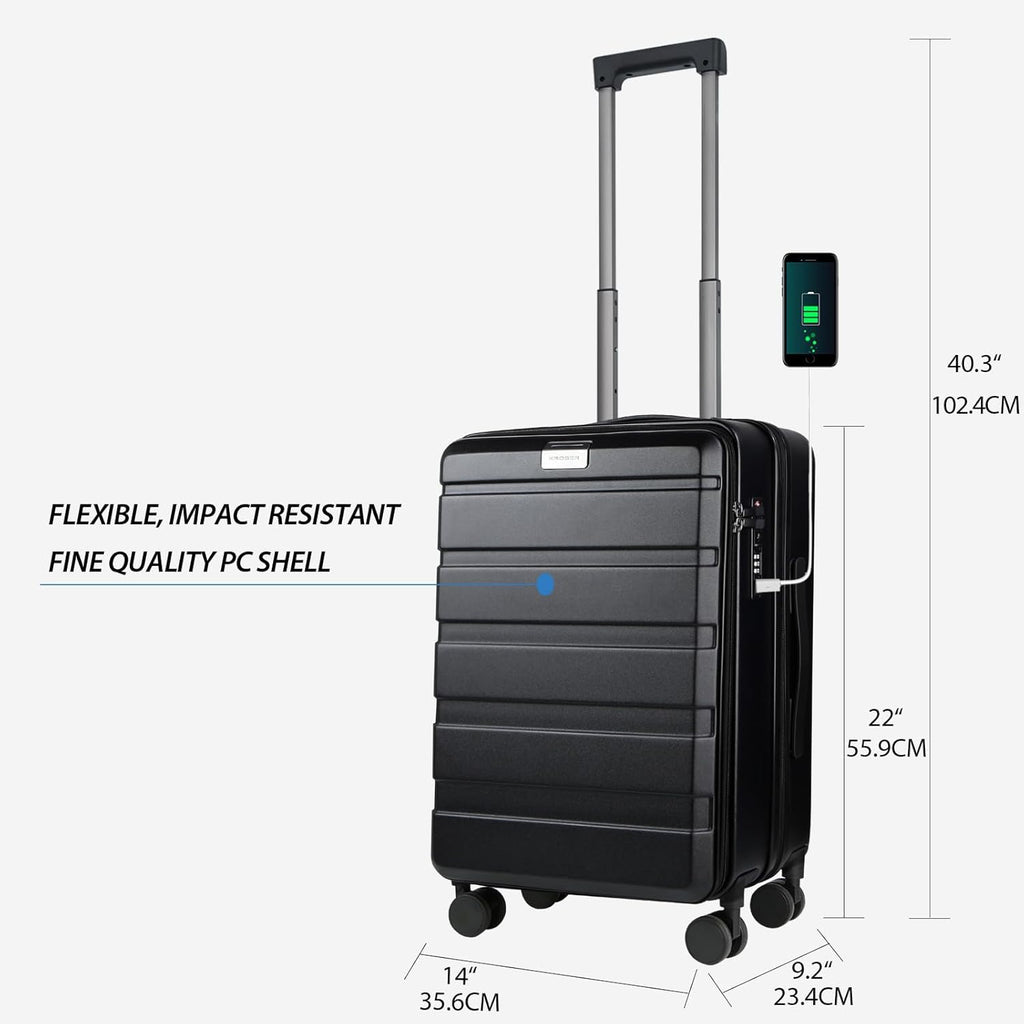 Black 20-inch carry-on suitcase with USB panel and built-in TSA lock