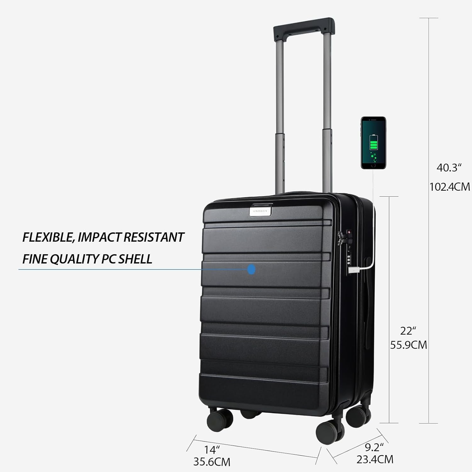 Black 20-inch carry-on suitcase with USB panel and built-in TSA lock