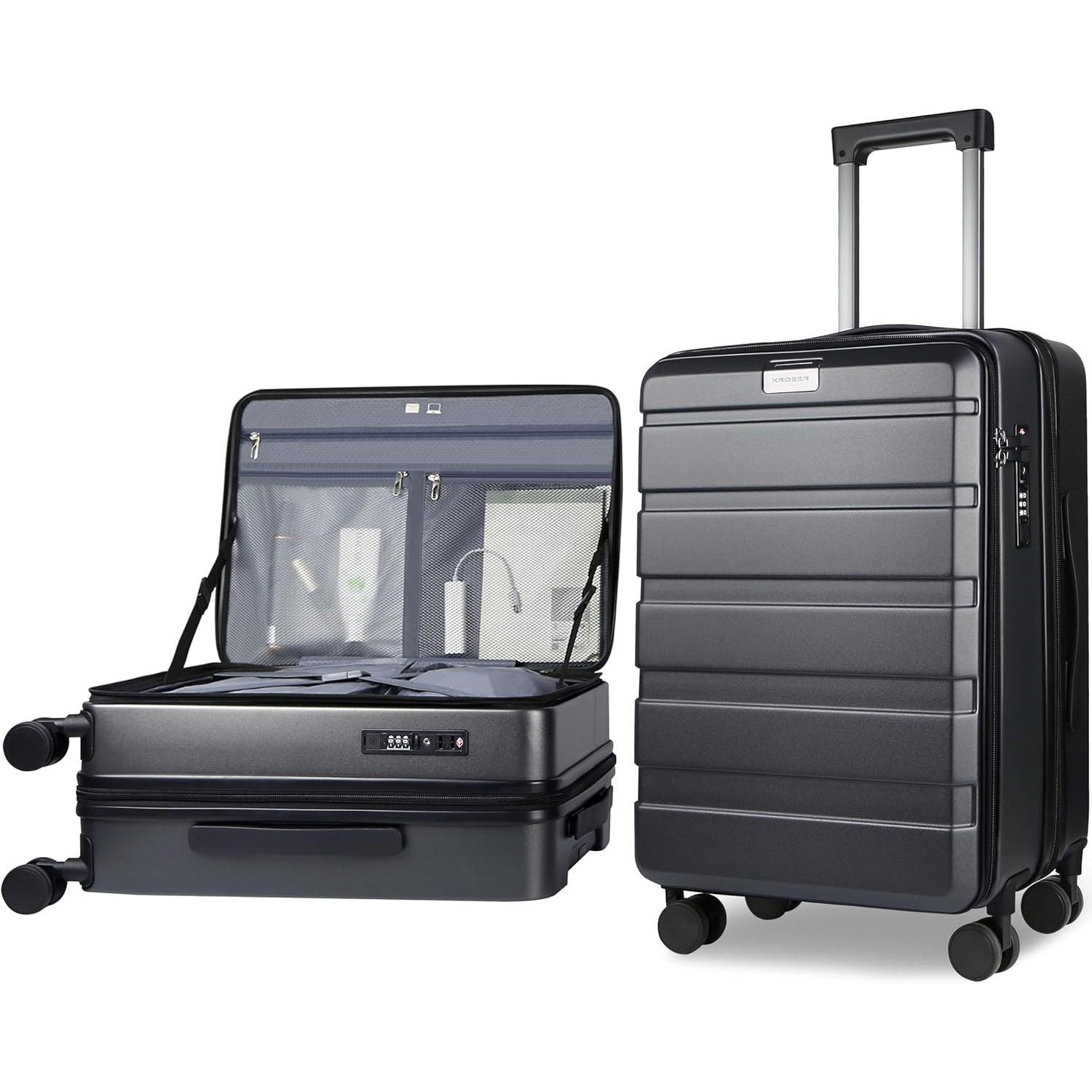 Steel grey top-loading carry-on luggage with TSA lock and four spinner wheels