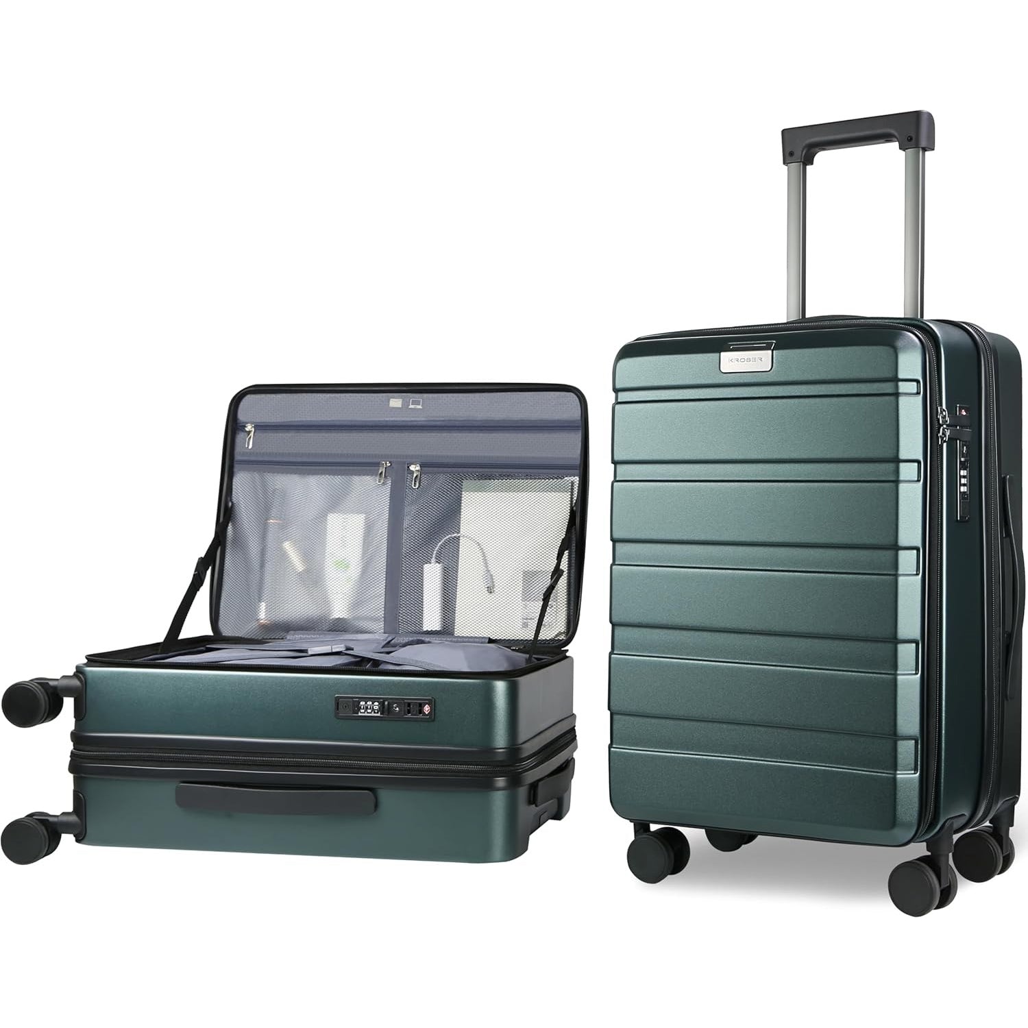 Dark green top-loading carry-on luggage with retractable handle and TSA lock