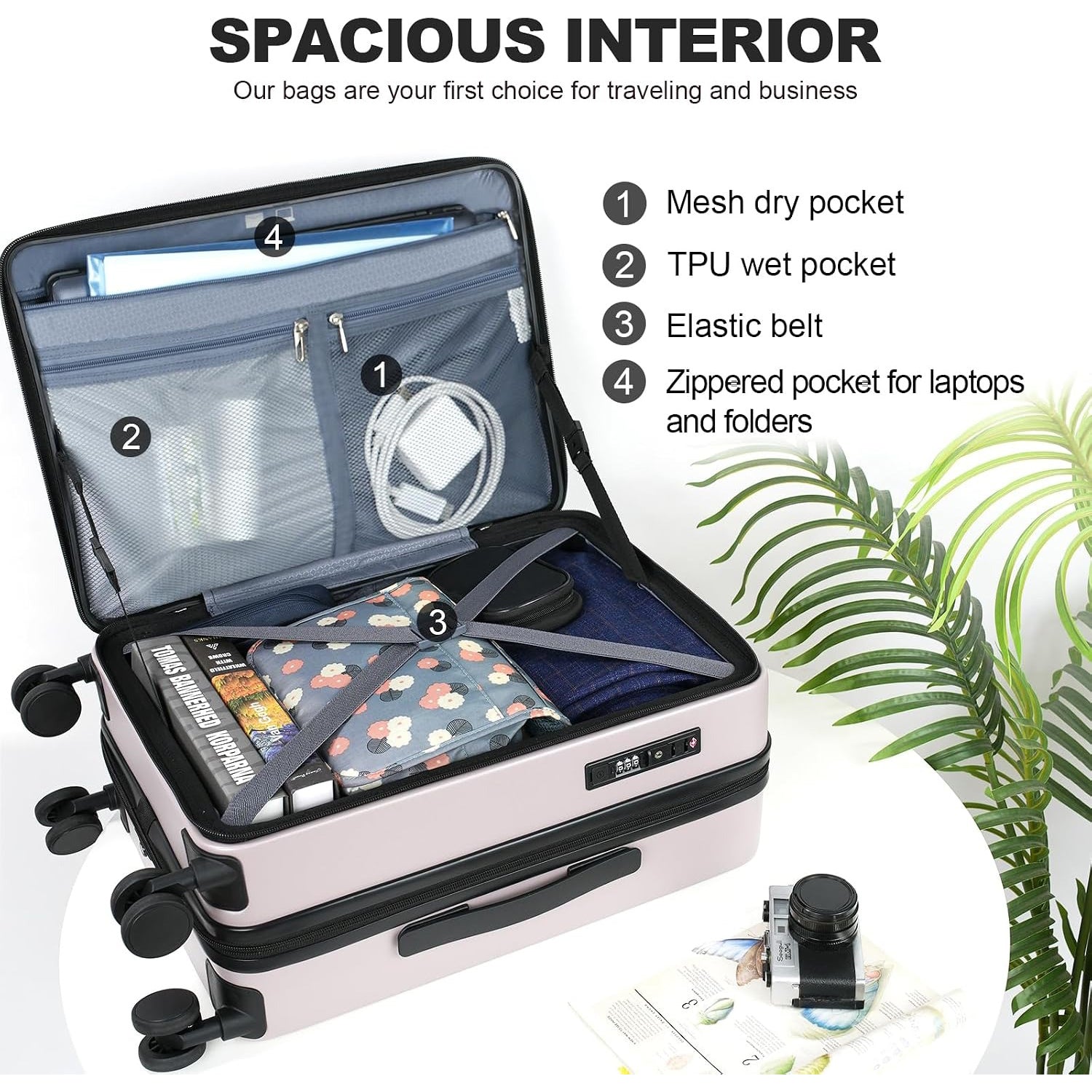 Light purple carry-on suitcase open to a spacious interior with pockets and a zip compartment