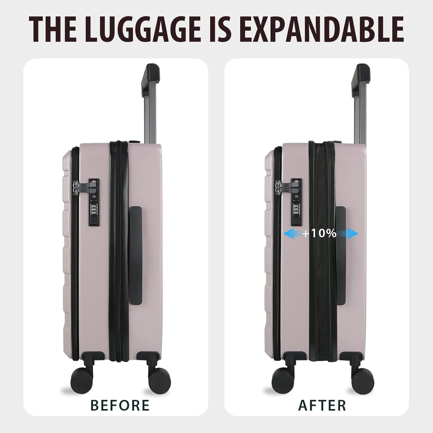 Light purple expandable carry-on suitcase with side expansion and four spinner wheels