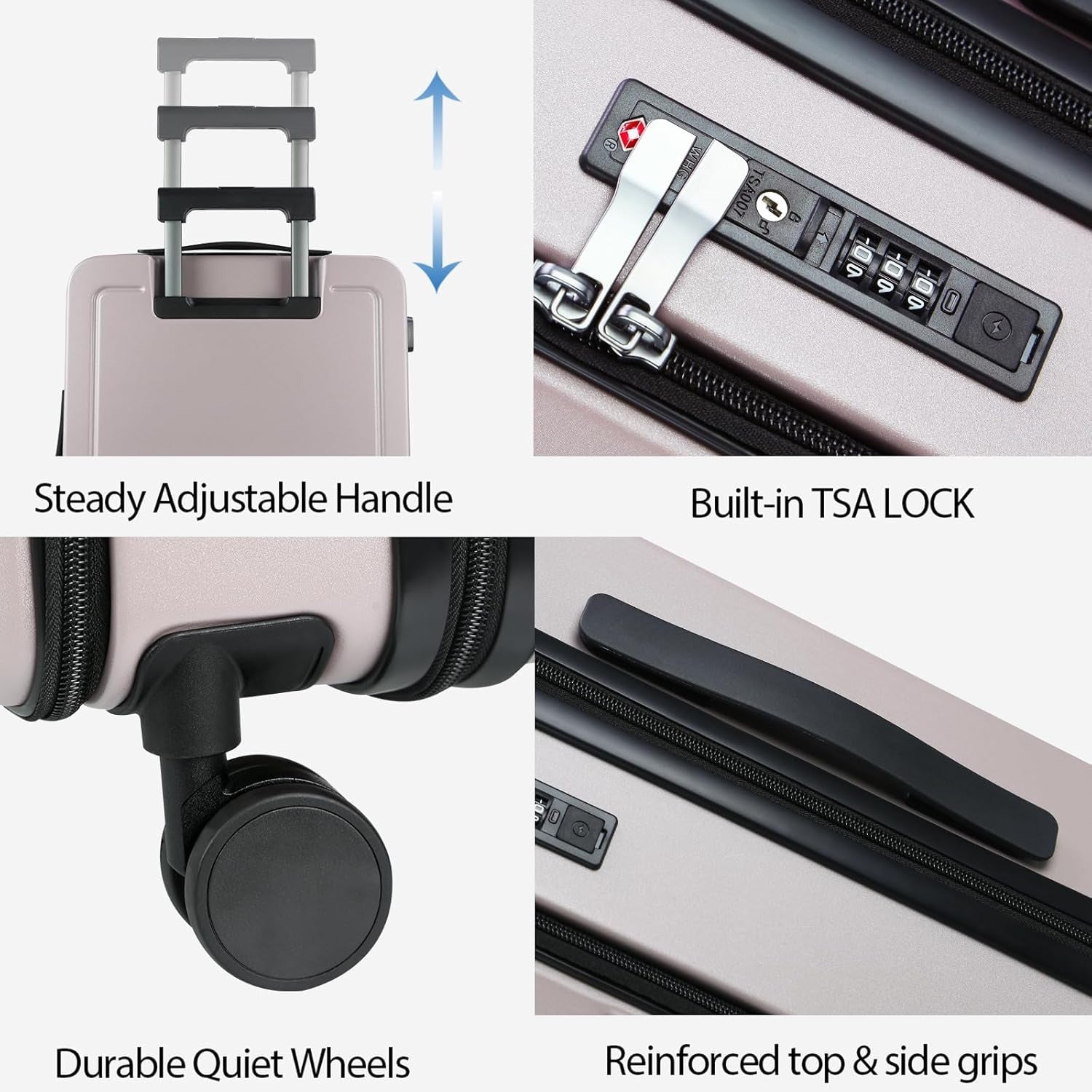Light purple carry-on suitcase details: adjustable handle, TSA lock, and quiet wheels