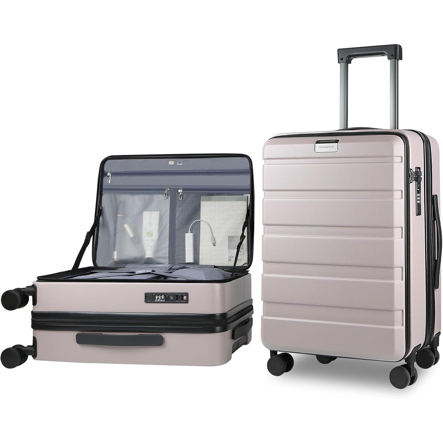 Light purple carry-on suitcase opened to show interior compartments and zip pocket