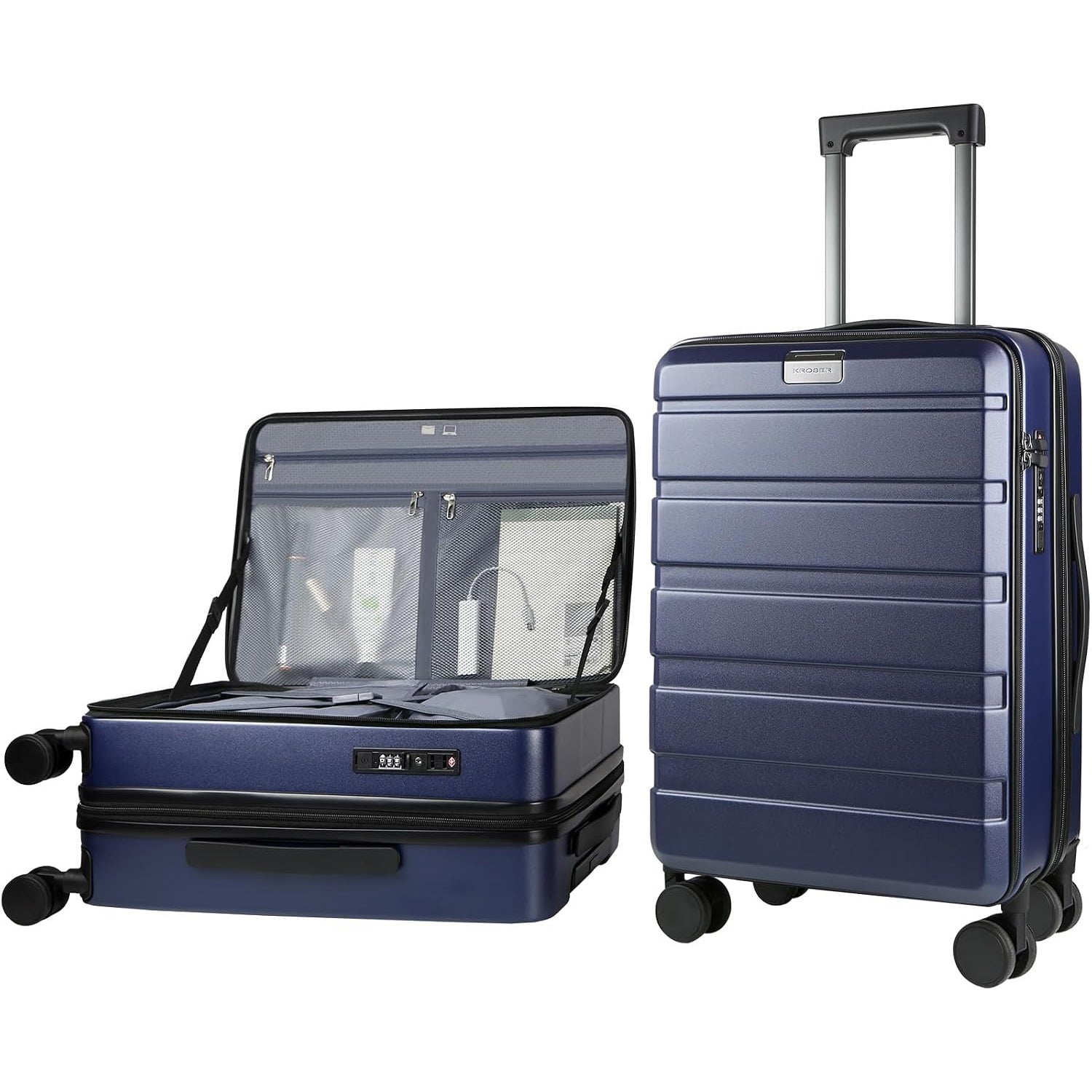 Navy hard-shell carry-on luggage with telescoping handle; front compartment open