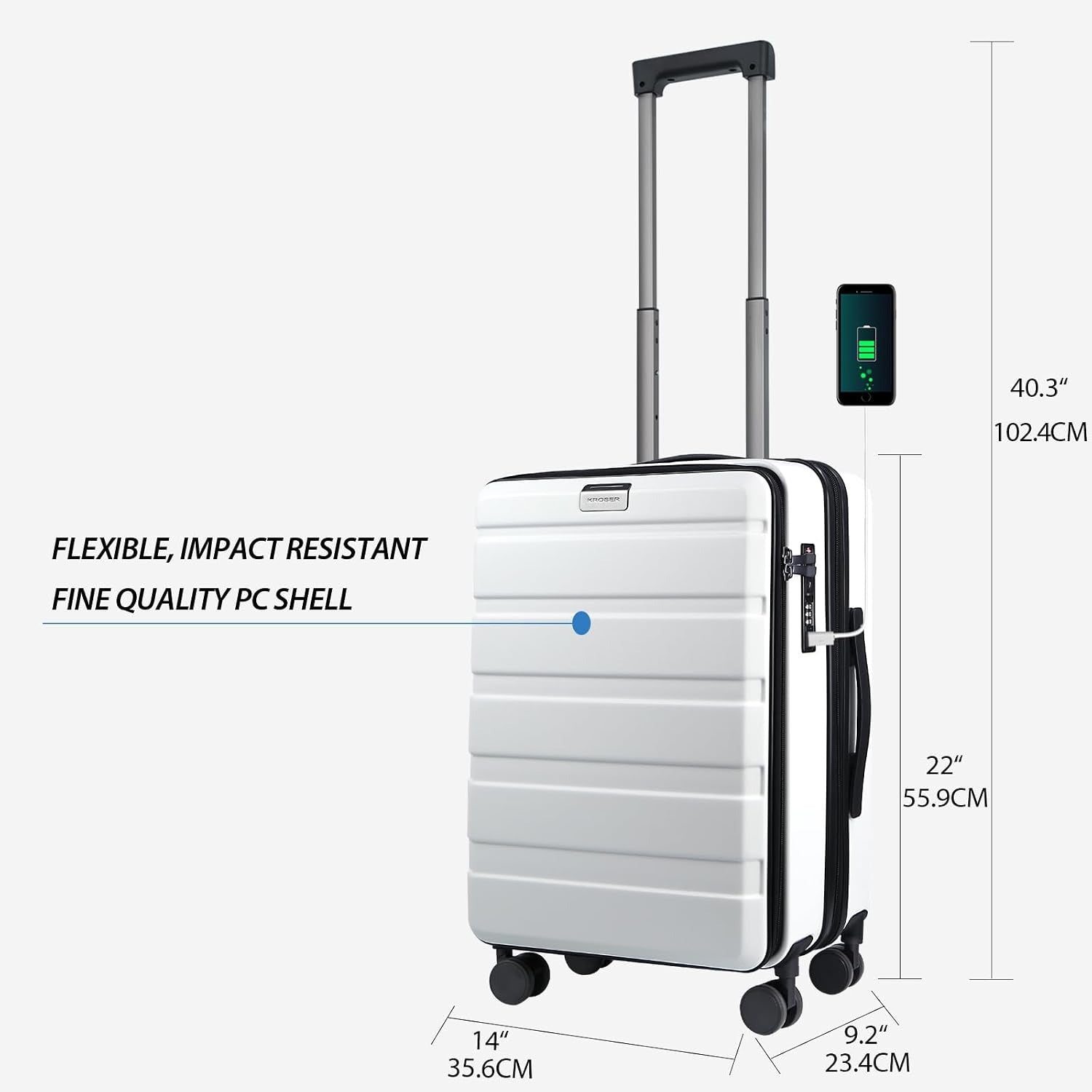 KROSER White 20 Inch Top-Loading Carry-On with TSA Lock & USB