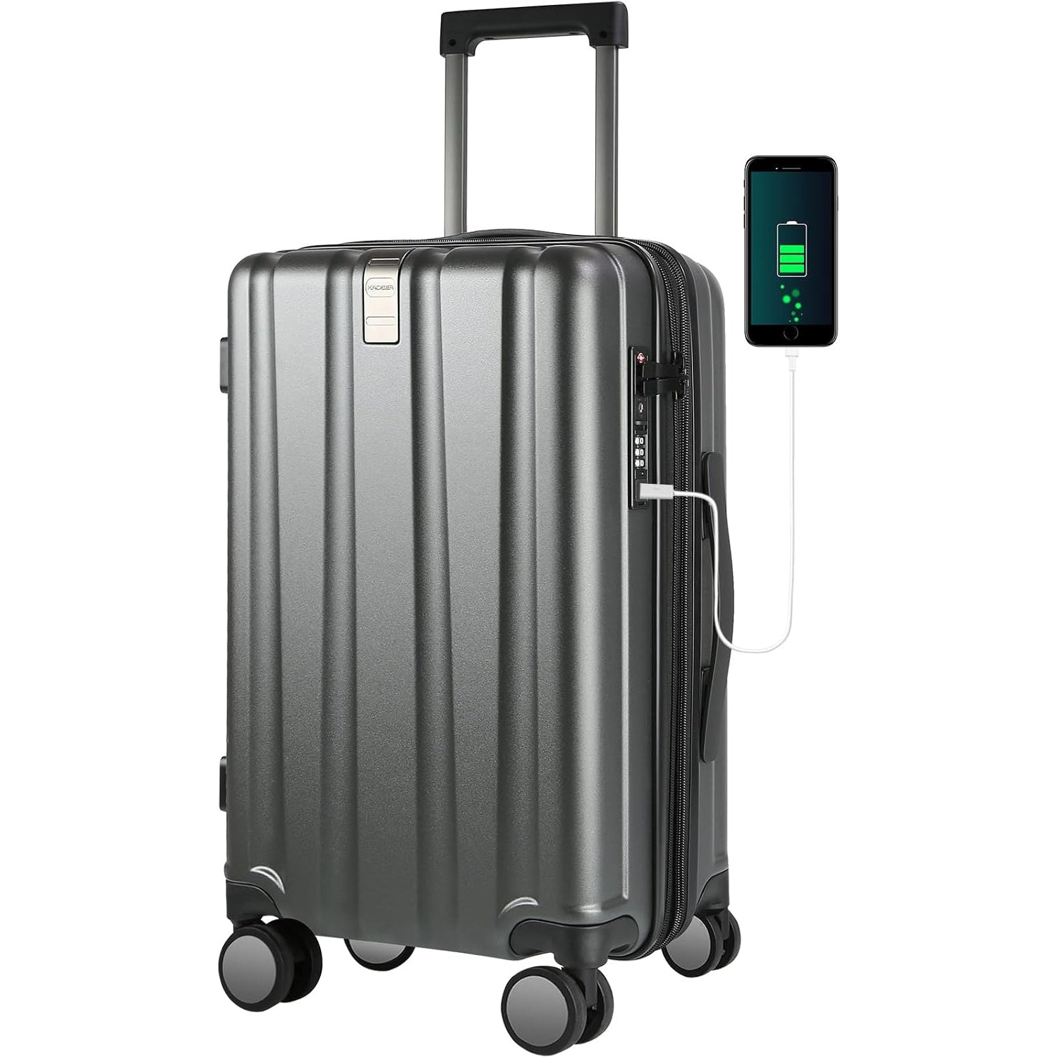 KROSER Black 20 Inch Hardside Carry-On Luggage with USB & TSA Lock