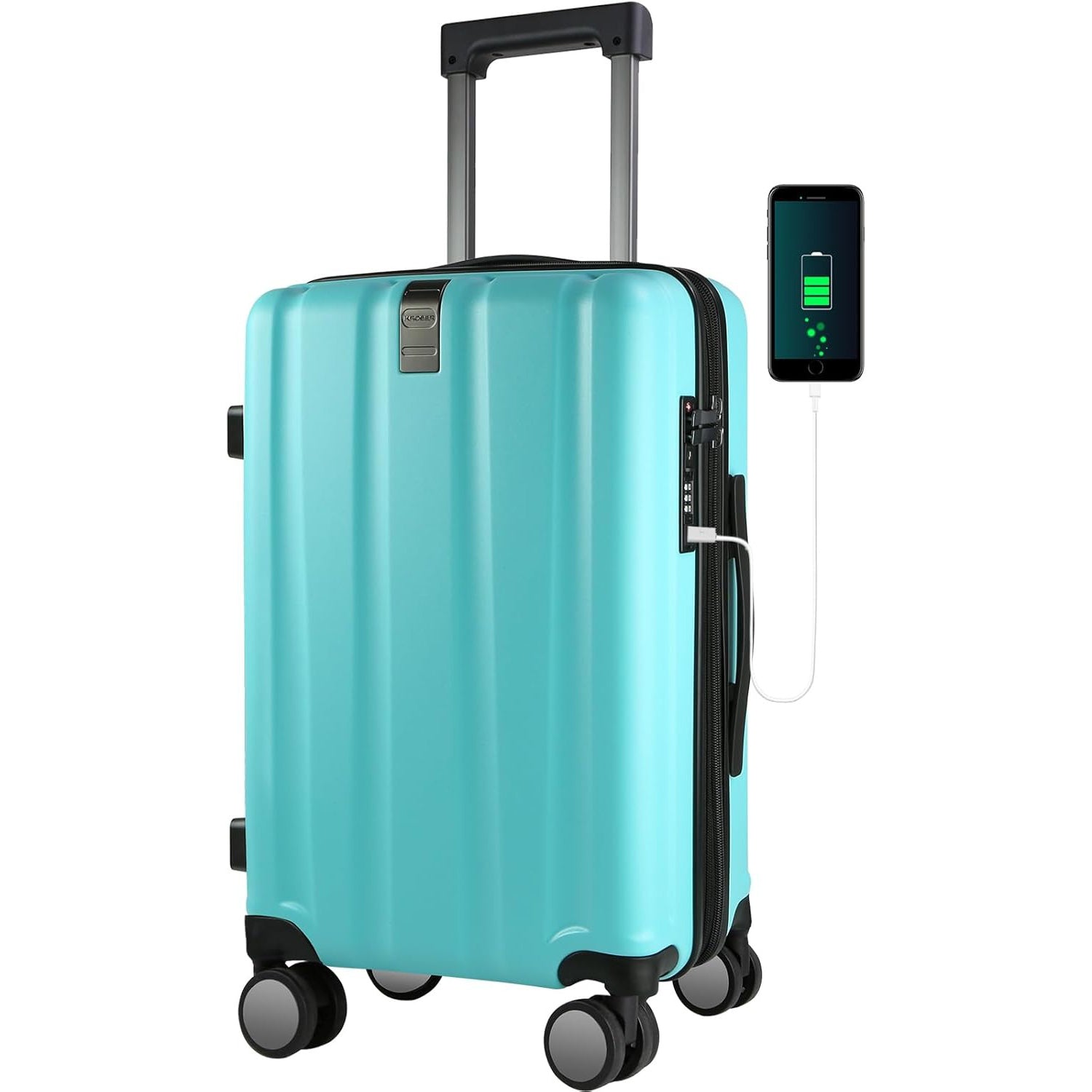 Turquoise hardside carry-on suitcase with telescoping handle, spinner wheels, USB panel