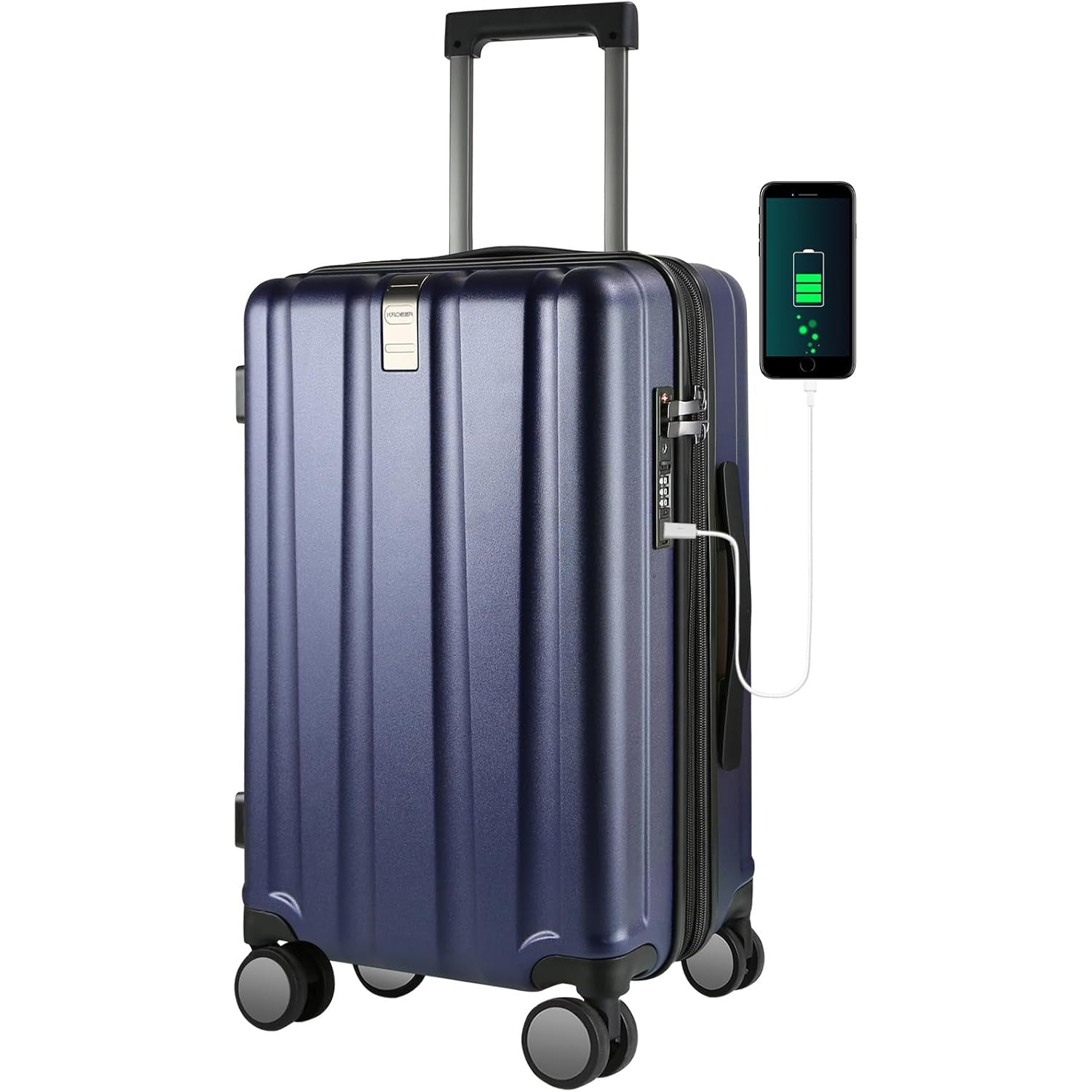 Navy expandable carry-on suitcase with USB port, TSA lock, and spinner wheels