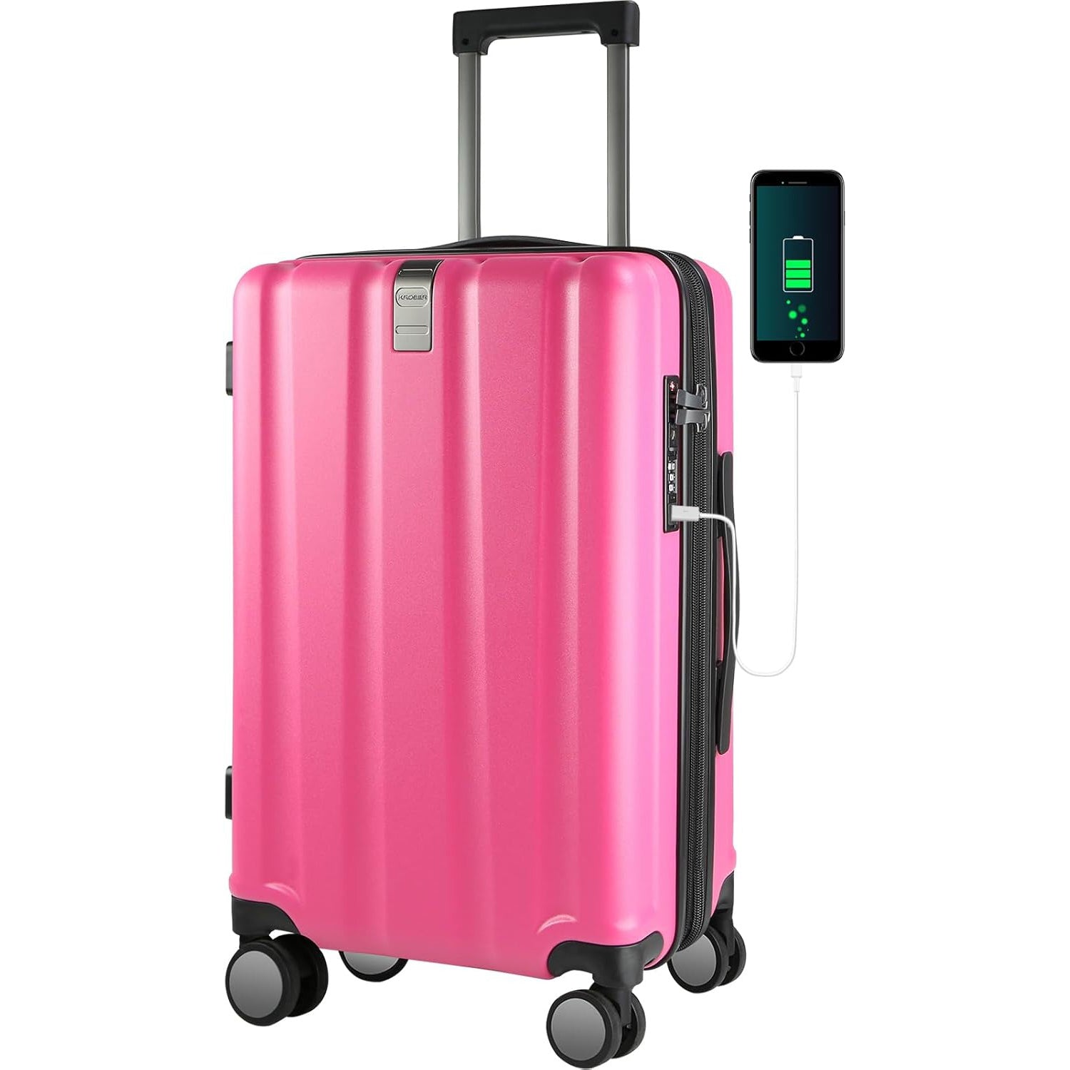 Pink hardside carry-on with retractable handle and built-in USB port