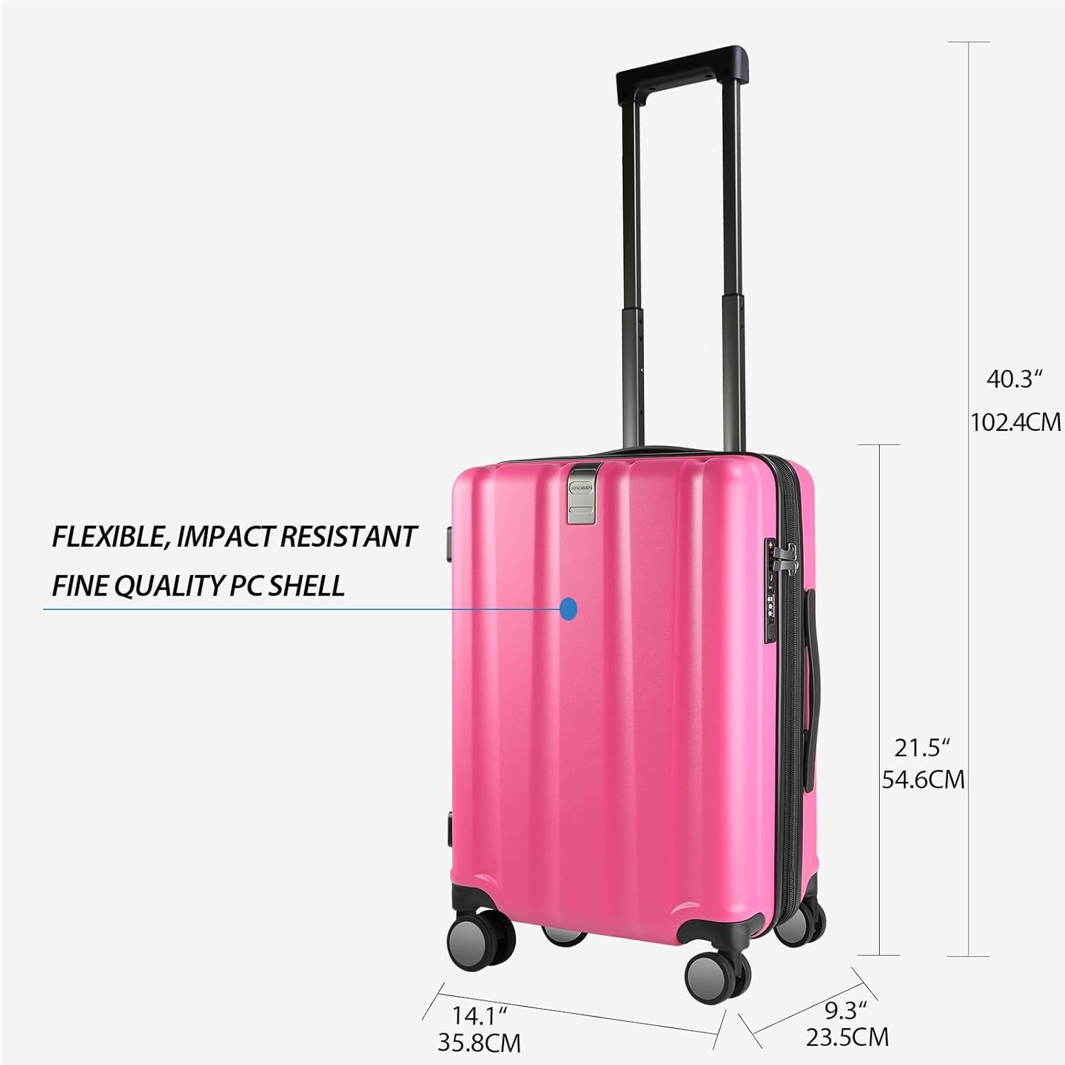 Pink hardside carry-on with retractable handle and four spinner wheels