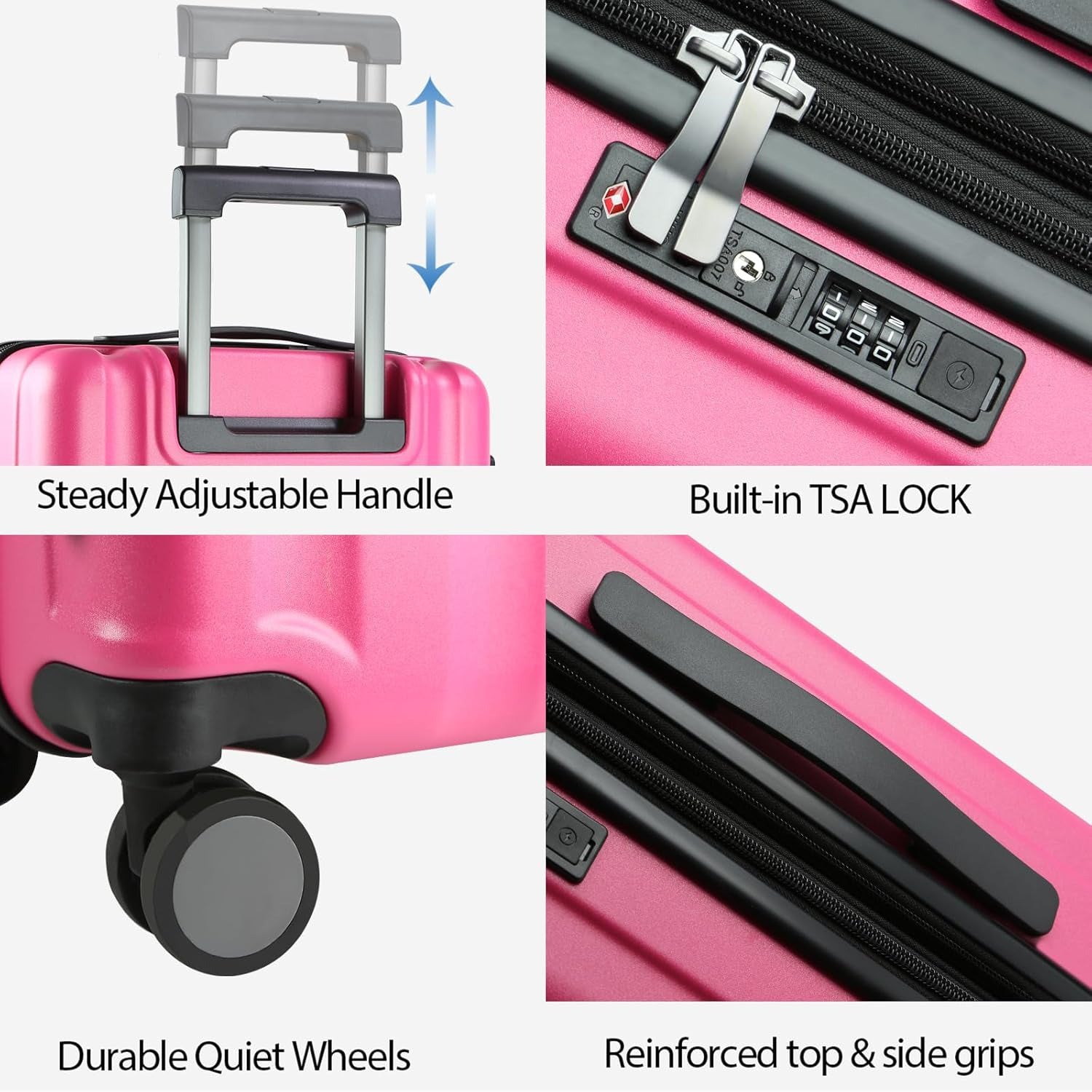 Pink hardside carry-on with adjustable handle, built-in TSA lock, quiet spinner wheels