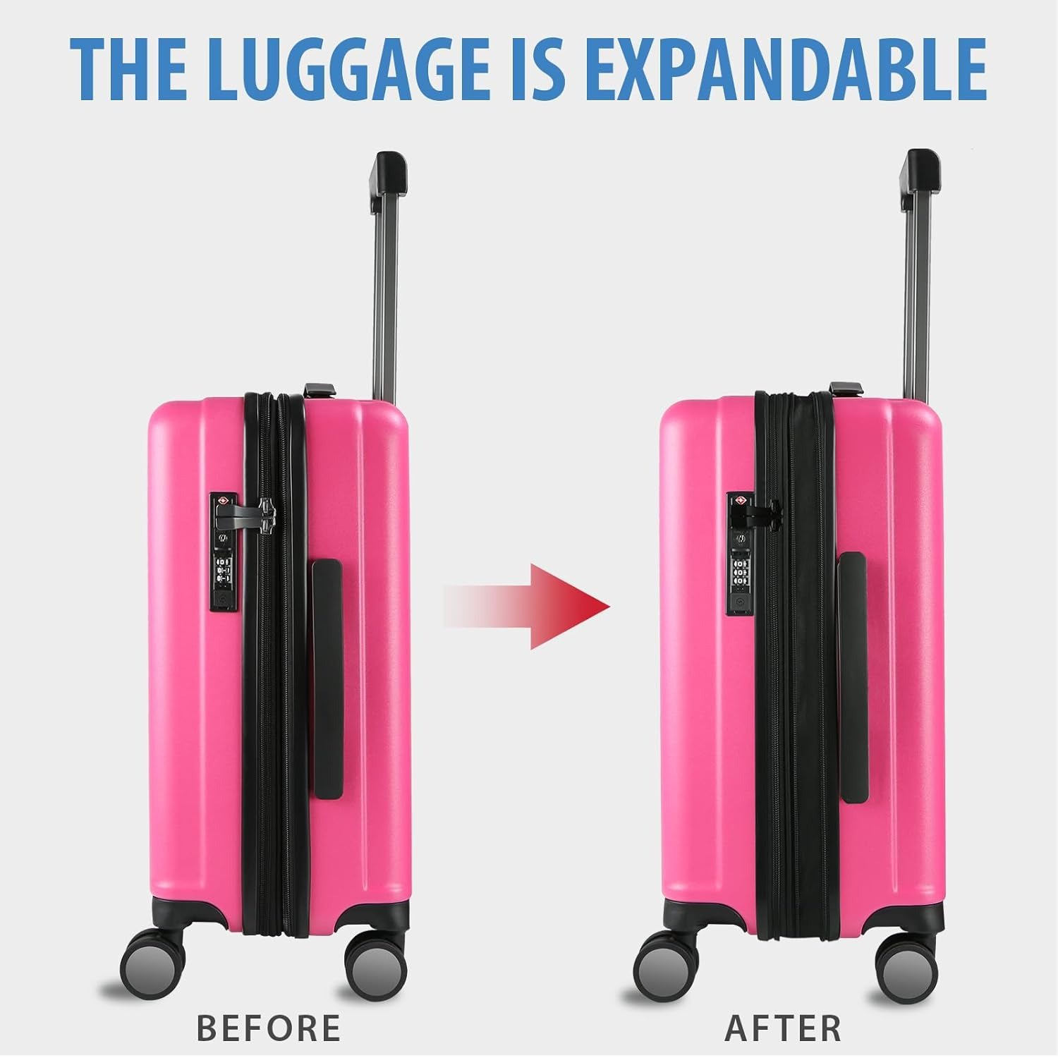 Expandable hardside carry-on luggage, bright pink with side zipper and spinner wheels