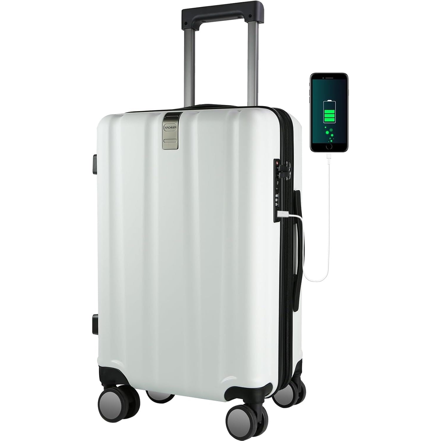 White hardside carry-on suitcase with handle, 4 wheels, USB charging port