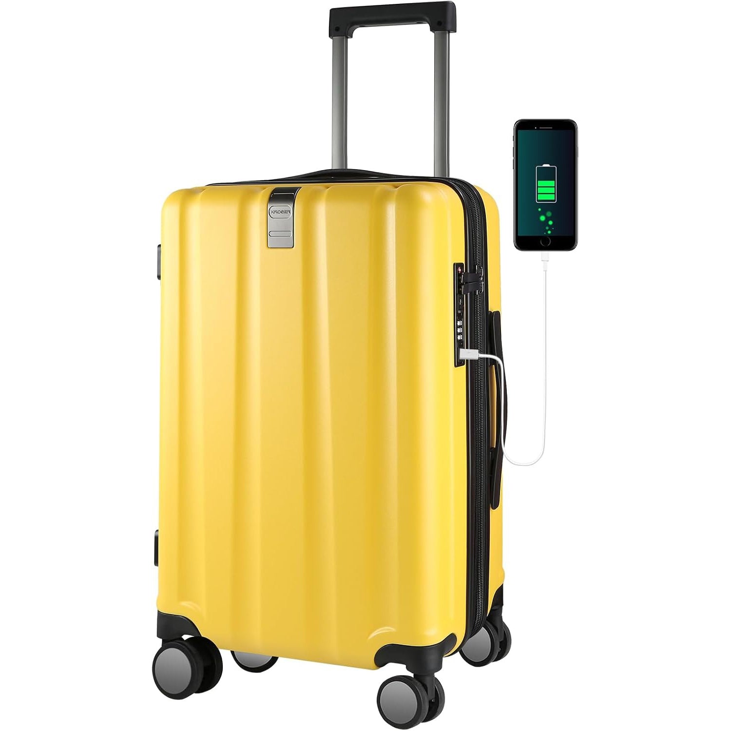 Yellow hardside carry-on suitcase with telescoping handle, spinner wheels, USB charging port