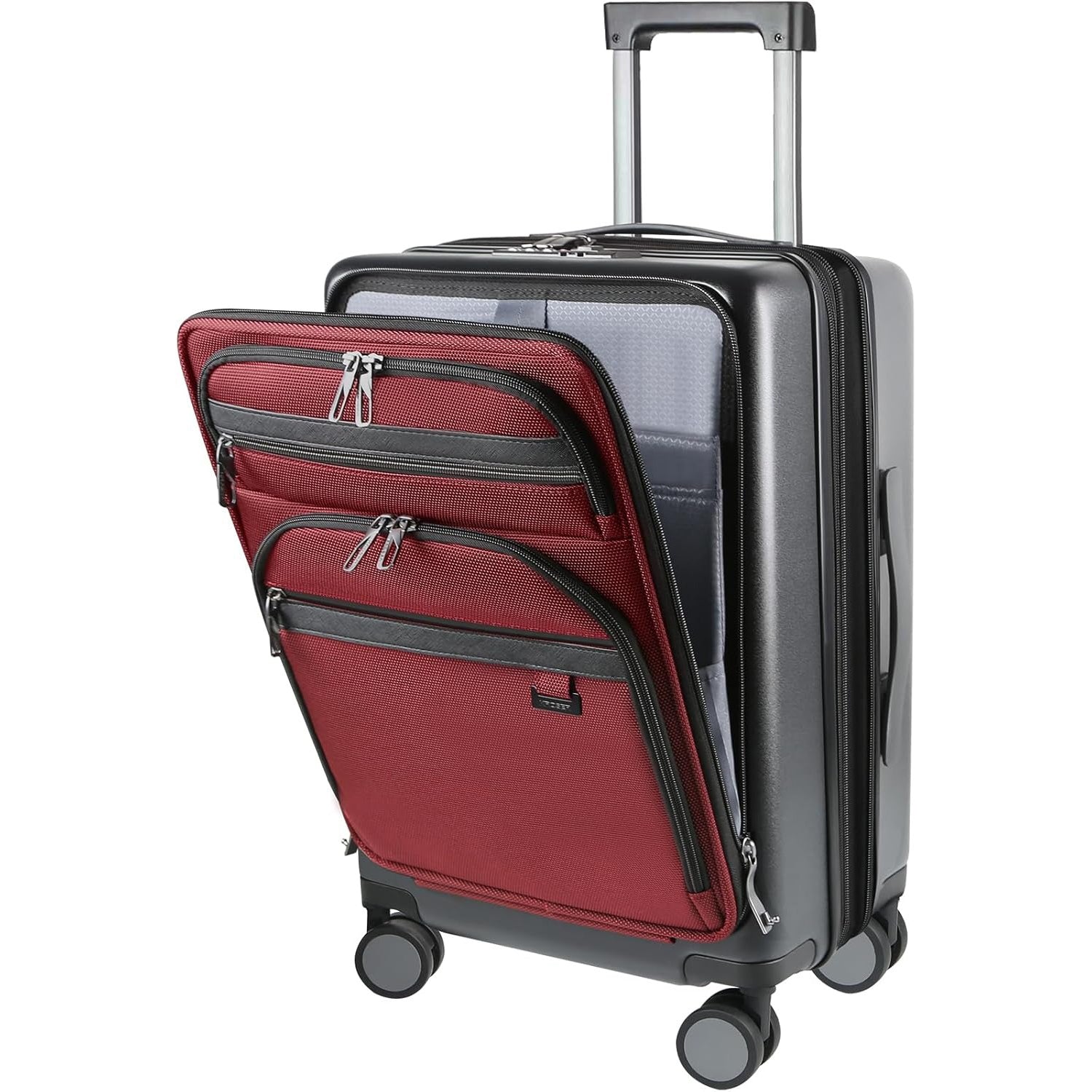 Carry-on luggage with front pocket, burgundy and black, telescoping handle, 4 wheels